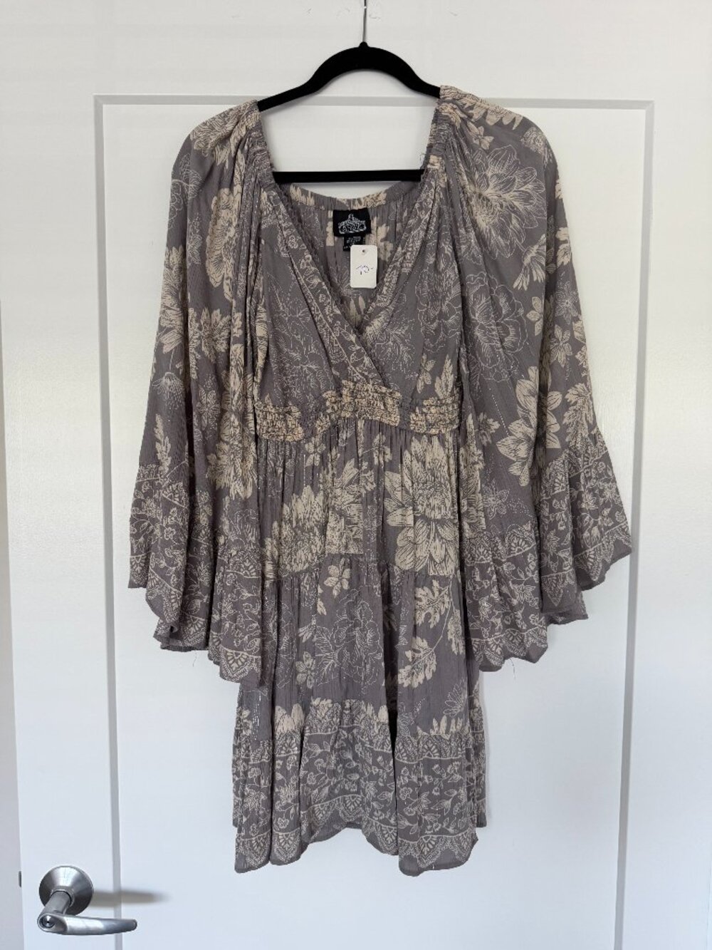 NWT ANGIE Boho Floral Bell Sleeve Smocked Mini Dress